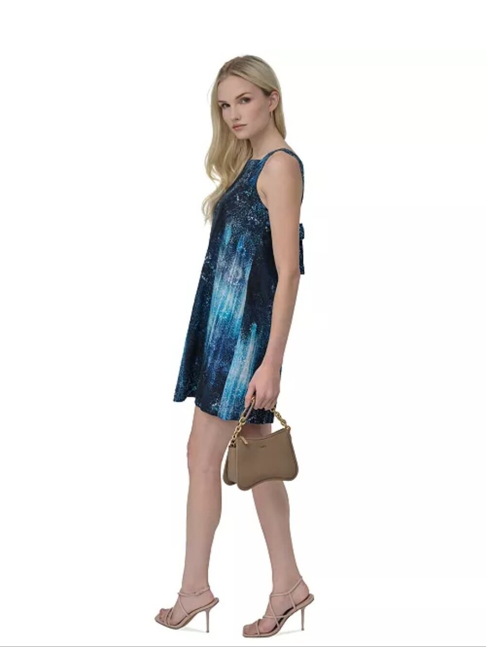 NWT DKNY Blue Linen Blend Sleeveless Shift Dress Sz 12 Cowl Neck Back Bow $139